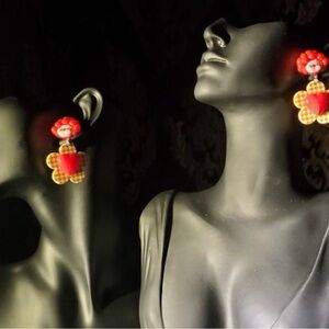 Red Heart Flower Drop Earrings - Playful Statement Earrings